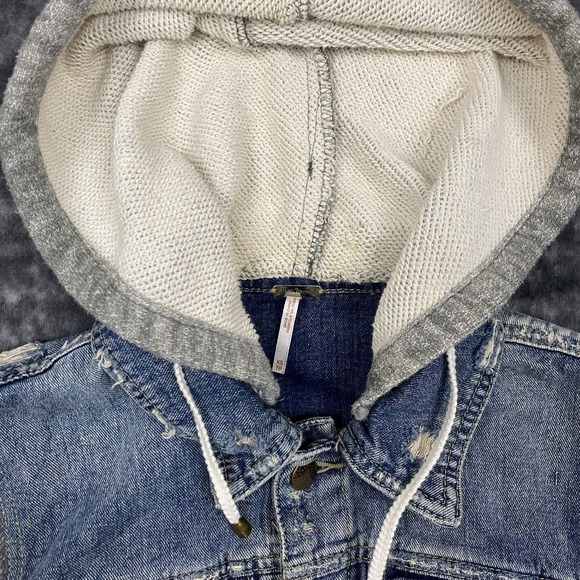 Free People Denim Jean Jacket Womens Size XS Gray Knit Hoodie Collared Button - Picture 8 of 12